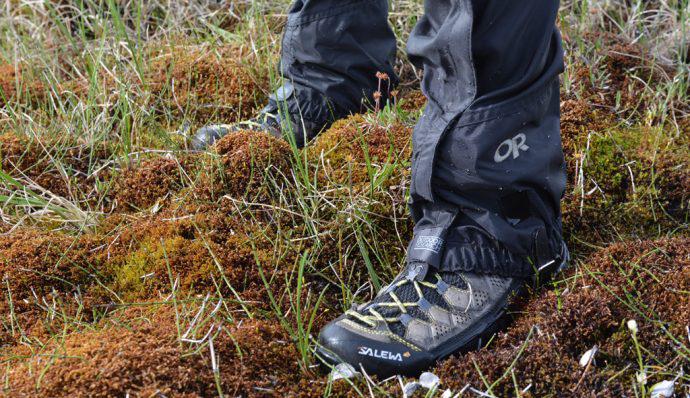 A picture of the writer wearing Salewa Alp Flow Mid GORE-TEX boots and Outdoor Research Gaiters