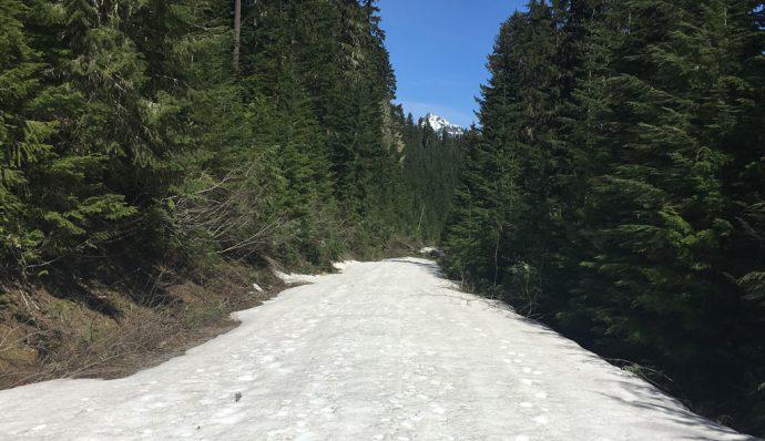 The road leading to the Rachel Lake trailhead covered in snow and sluch