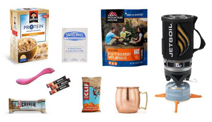 An image of the cooking gear and food like a Jetboil Cooking System, Mountain House Stroganoff, Clif Bars, and oatmeal