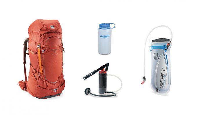 A picture of a REI Yosemite 75 Pack, Osprey 3 Liter Hydraulics Reservoir, Nalgene Ultralite Wide-Mouth Water Bottle, and a MSR SweetWater Water Purifier System 