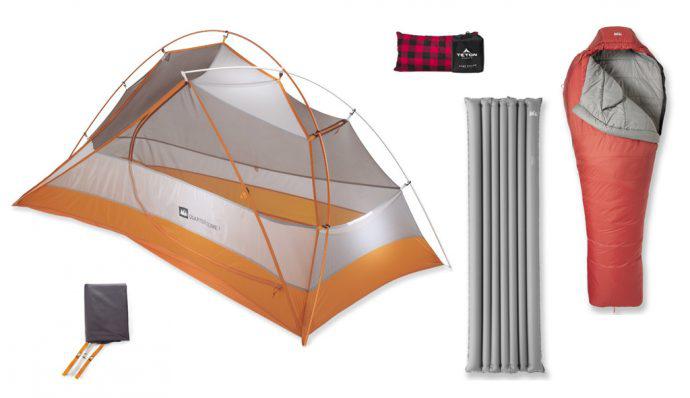 A tent, sleeping pad, sleeping bag, and footprint from REI and a camping pillow from Teton