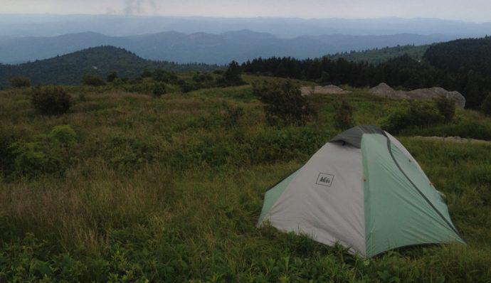 Setting up camp on a hiking trail near Asheville.
