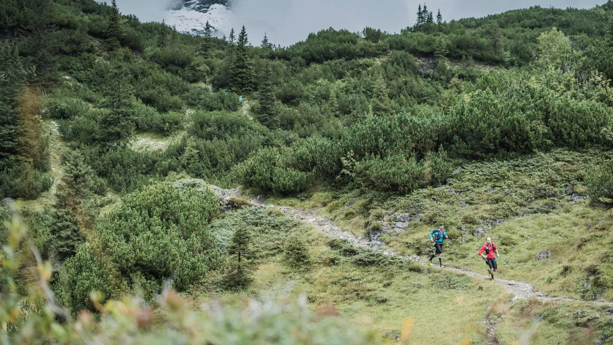 Two people trail running through a hilly, green area