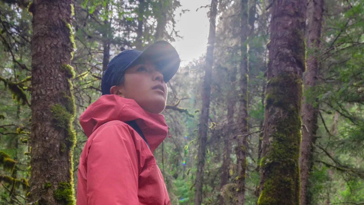 Yao Miao hiking in the forest