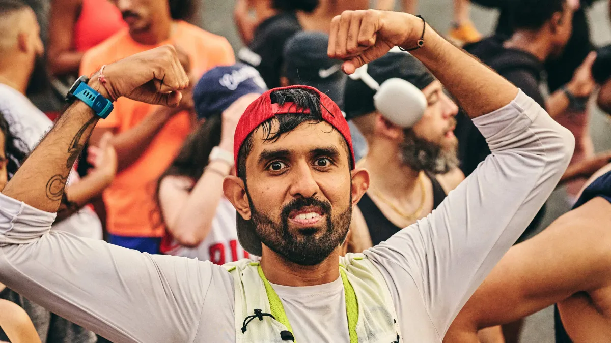 Aum Gandhi with a group of runners