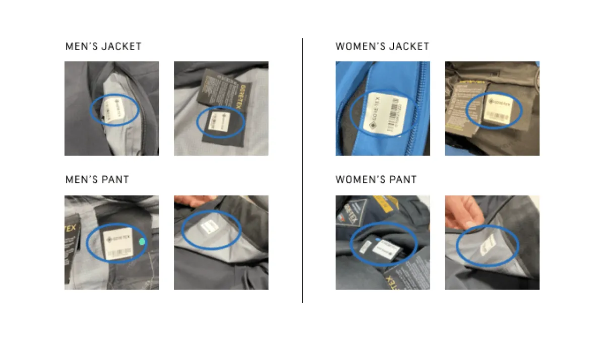 Images of barcode locations on GORE-TEX Gear